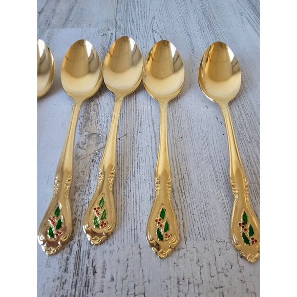 Lenox holly berry spoon flatware poinsettia Xmas Gold spoon set stainless‎ steel - Picture 3 of 5